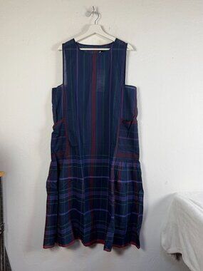 Gudrun Sjoden Kate Dress Plaid Stripe Organic Cotton Sleeveless Midi Pockets New